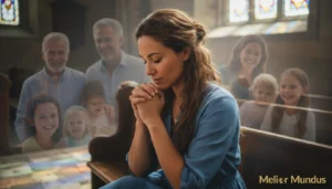 Woman praying in church for loved ones, with a symbolic family in the background representing healing, faith, and hope