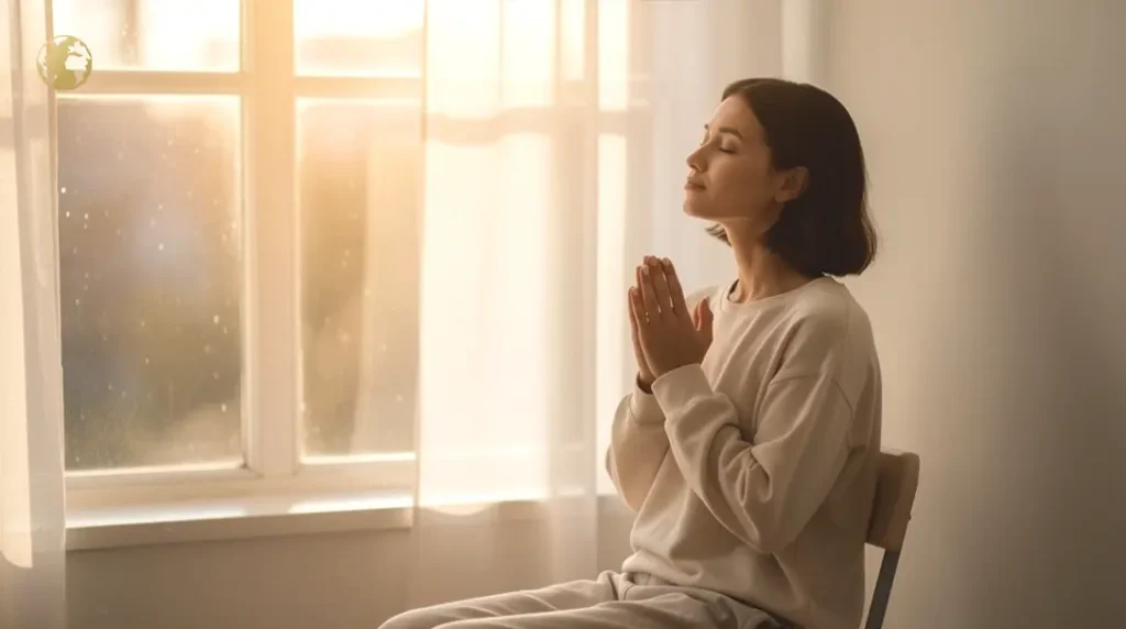 Woman praying with a rosary beside an open Bible and candle, seeking healing, comfort, and strength for a loved one