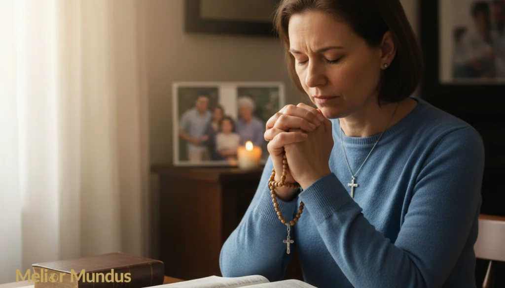 Woman praying with a rosary beside an open Bible and candle, seeking healing, comfort, and strength for a loved one