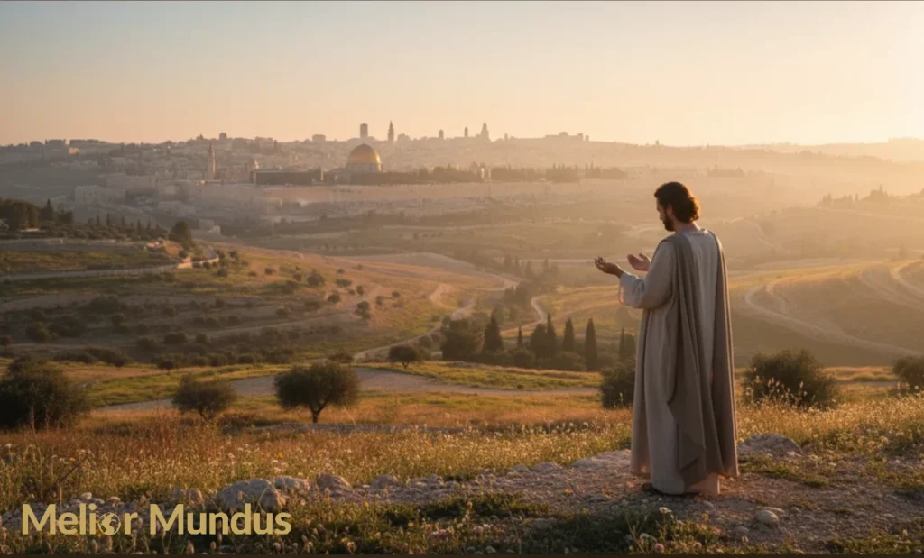 Person standing at sunrise overlooking Jerusalem with open hands in gratitude and reflection
