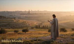 Person standing at sunrise overlooking Jerusalem with open hands in gratitude and reflection