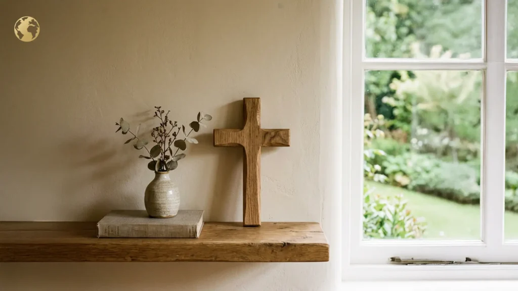 Cross standing on a shelf with the sign of getting close to god