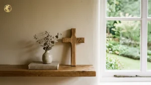 Cross standing on a shelf with the sign of getting close to god