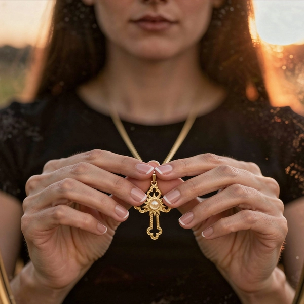 Woman with Gold Cross Pendant