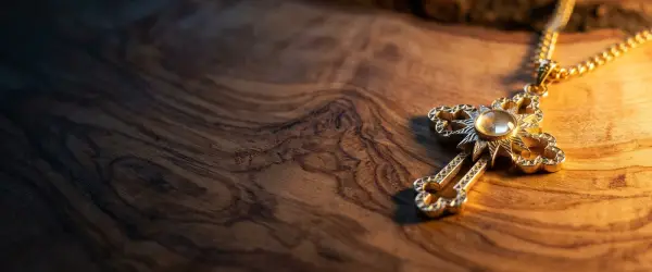 Gold cross pendant on a table