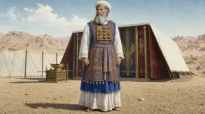 The High Priest wearing the breastplate with the Urim and Thummim while standing before the Tabernacle in the wilderness.