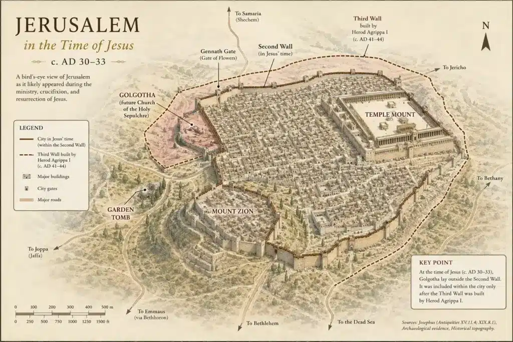 Historical map of first-century Jerusalem showing the Second Wall, the later Third Wall, the Temple Mount, and Golgotha outside the city walls at the time of the Crucifixion.