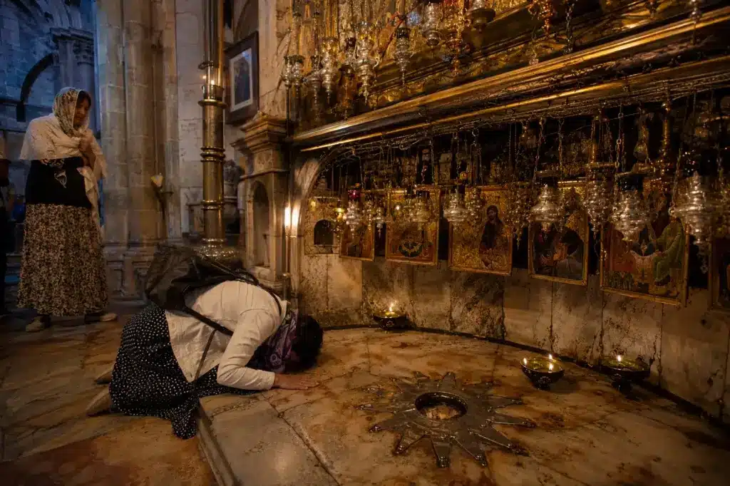 The Greek Orthodox Chapel of the Crucifixion inside the Church of the Holy Sepulchre, with the silver disk marking the traditional site of Jesus' crucifixion.