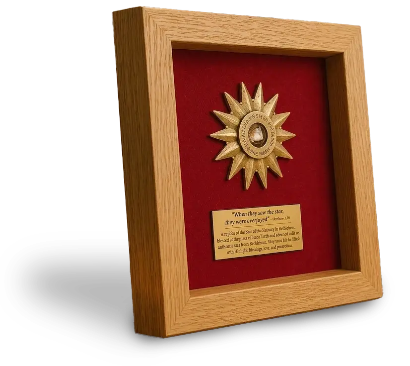Gilded Nativity Star replica in a red velvet wooden frame