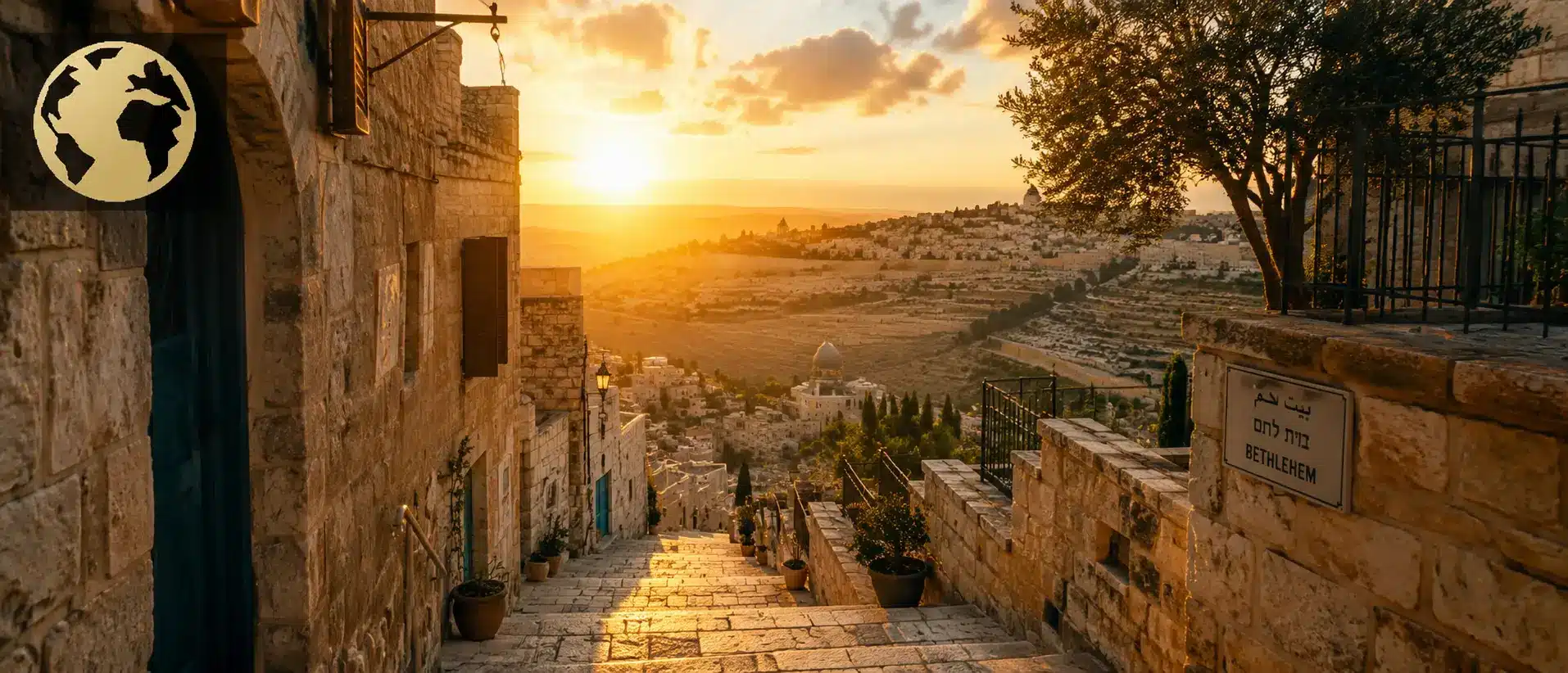 A stone stairway in Bethlehem at sunset overlooking the old city