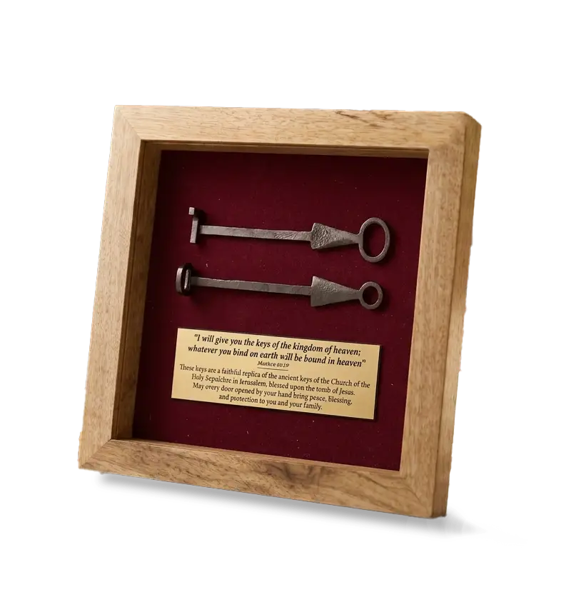Replica keys of the Church of the Holy Sepulchre in a wooden frame
