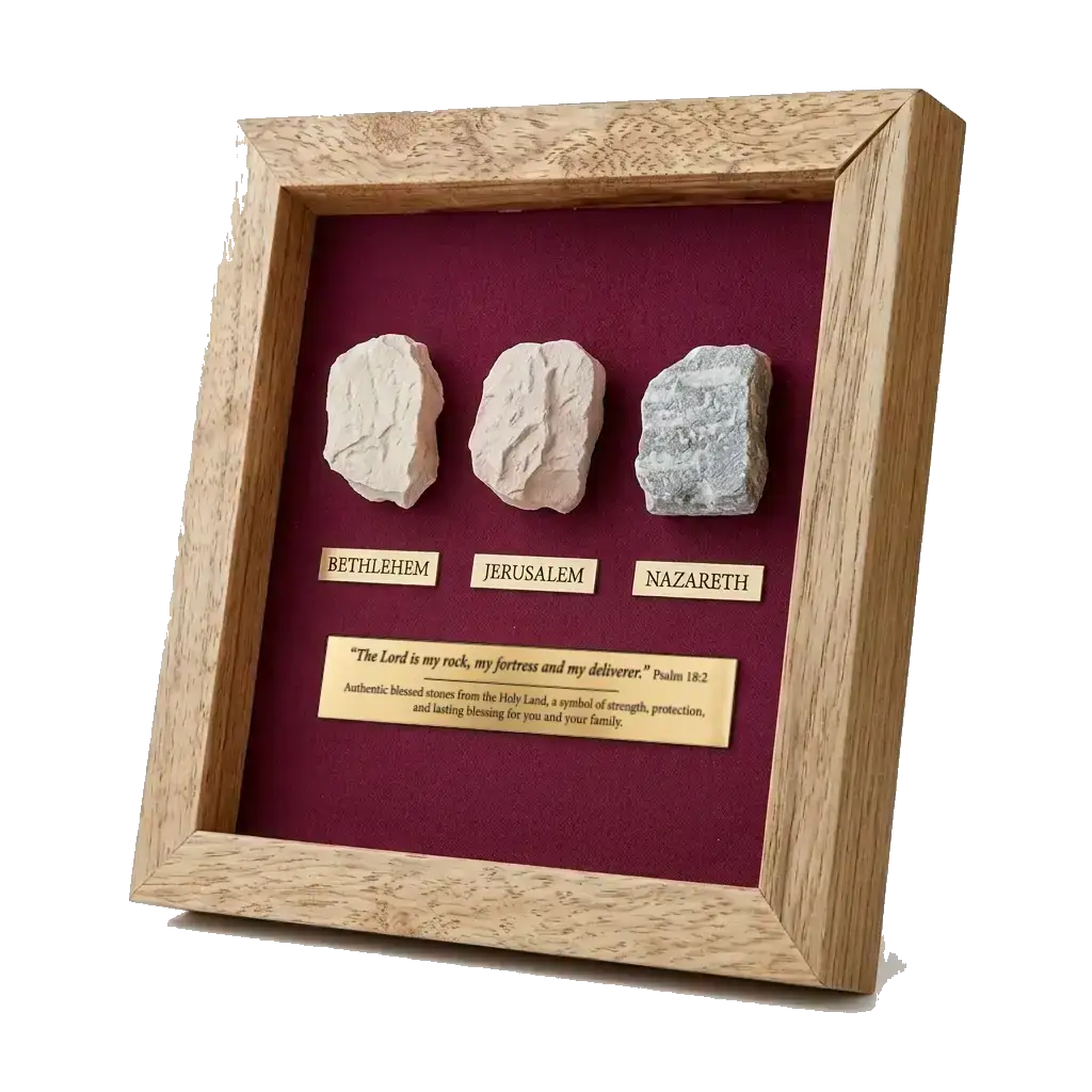 Holy Land Stone Trio in a wooden shadow-box frame