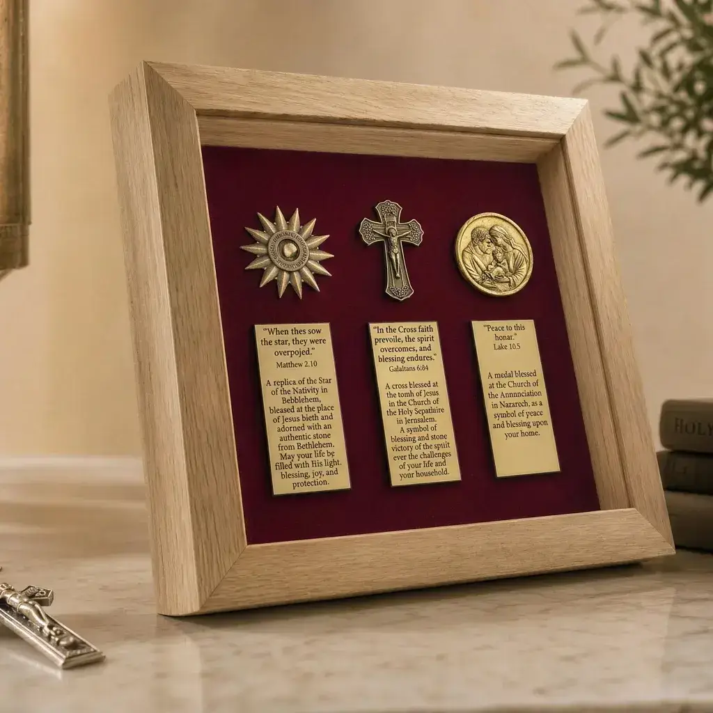 Holy Land Unity Set with Nativity Star, Cross, and Medallion in a wooden frame