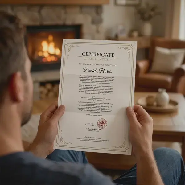 A man holding the signed Melior Mundus Certificate of Appreciation by a fireplace