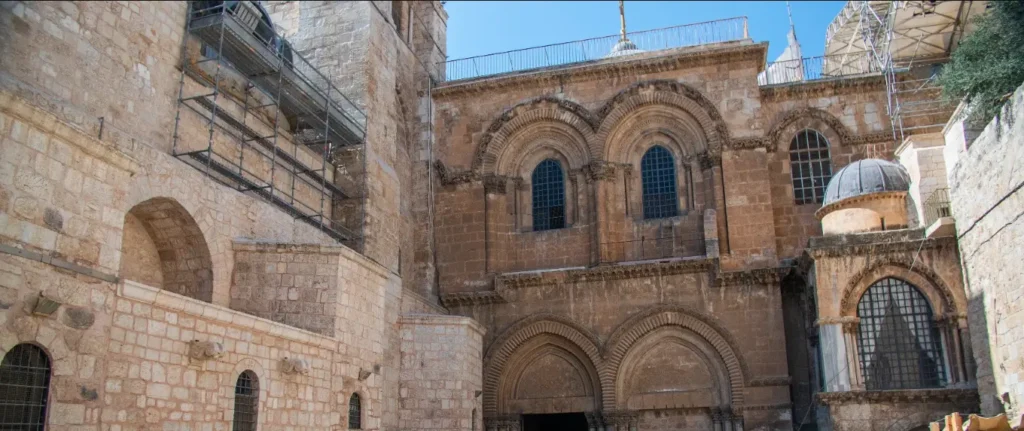 The church of the holy Sepulchre in Jerusalem, the Holy Land with the Immovable ladder below the right window