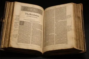 Ancient Bible manuscript open to the Book of Revelation