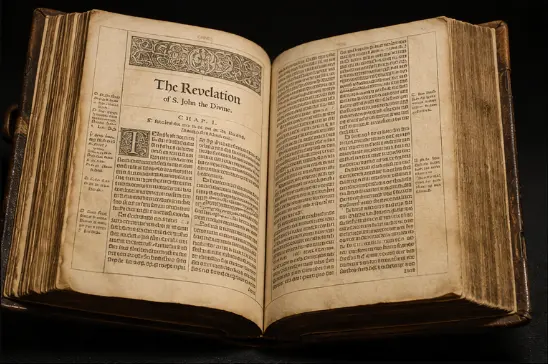Ancient Bible manuscript open to the Book of Revelation