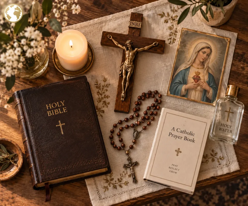 Catholic prayer corner essentials including crucifix, Bible, rosary, candle, holy water, prayer book, and Marian