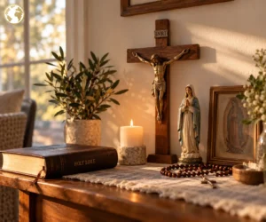 Catholic prayer corner with crucifix, Bible, rosary, candle, and Marian statue in a warm home setting